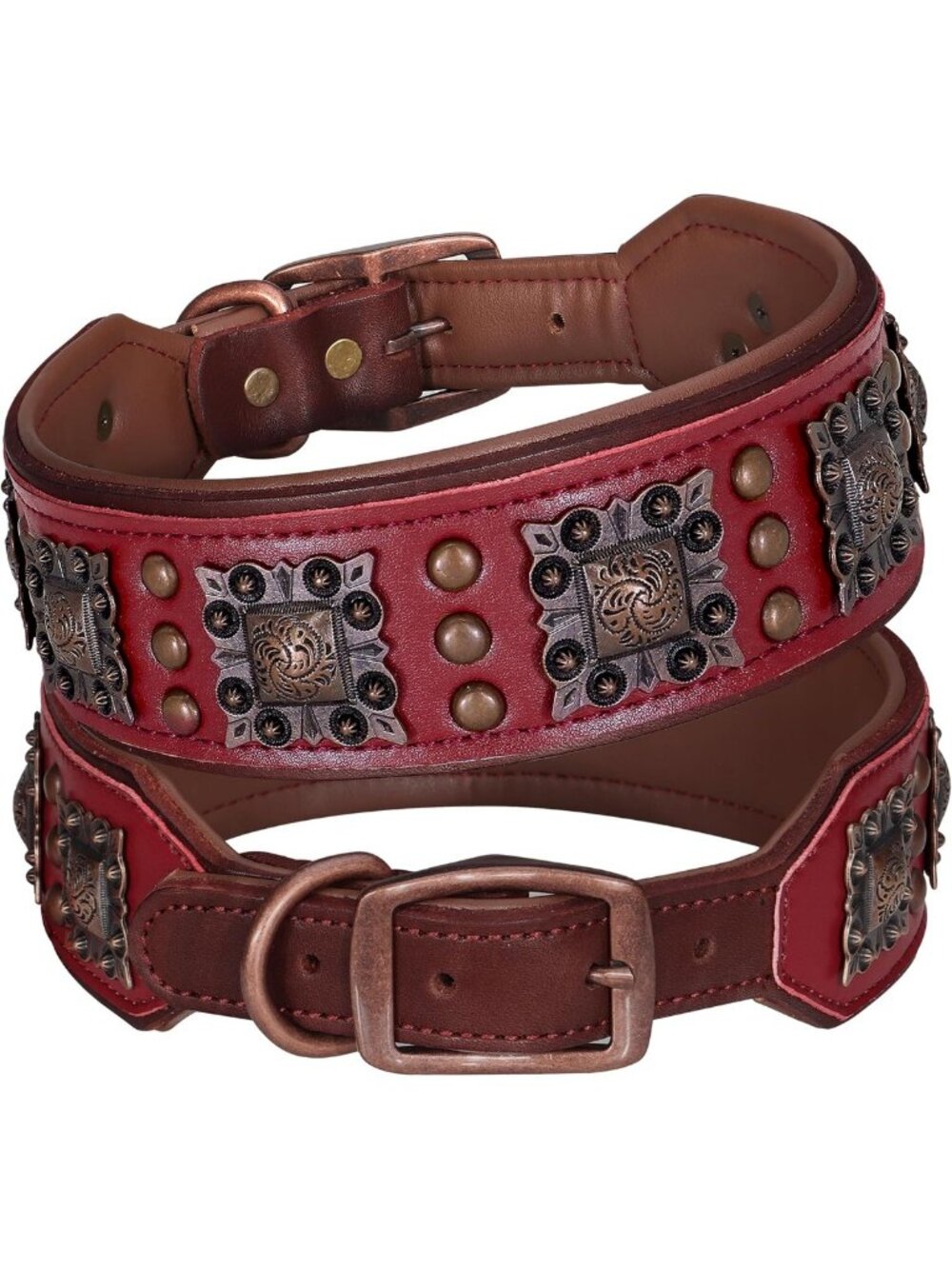 Stylish Red Genuine Leather Dog Collar, 2" Wide, Adjustable Neck 22-25